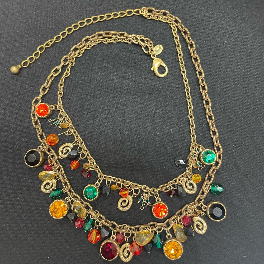 Chico's Gold-Tone Layered Necklace with Emerald, Ruby, Amber and Black Accents